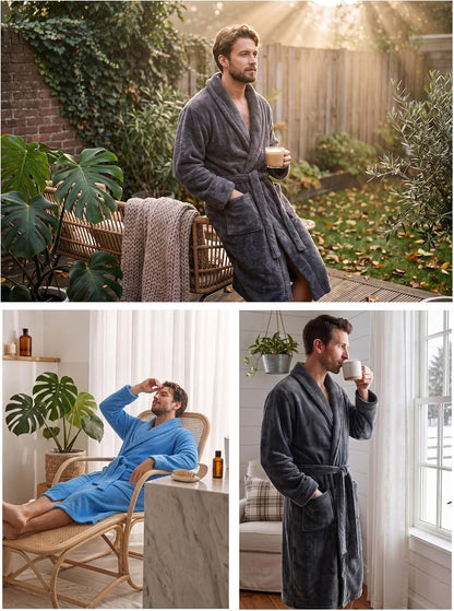 PrinStory Mens Robe Plush Fleece Soft Warm Long Fluffy Bathrobe