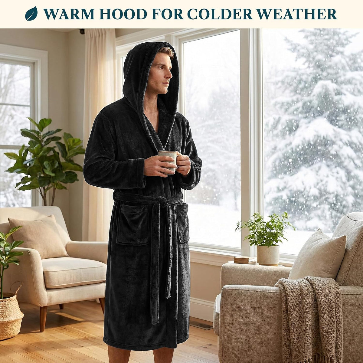 PAVILIA Men's Hooded Fleece Bathrobe Lightweight Long Robe for Men Shower