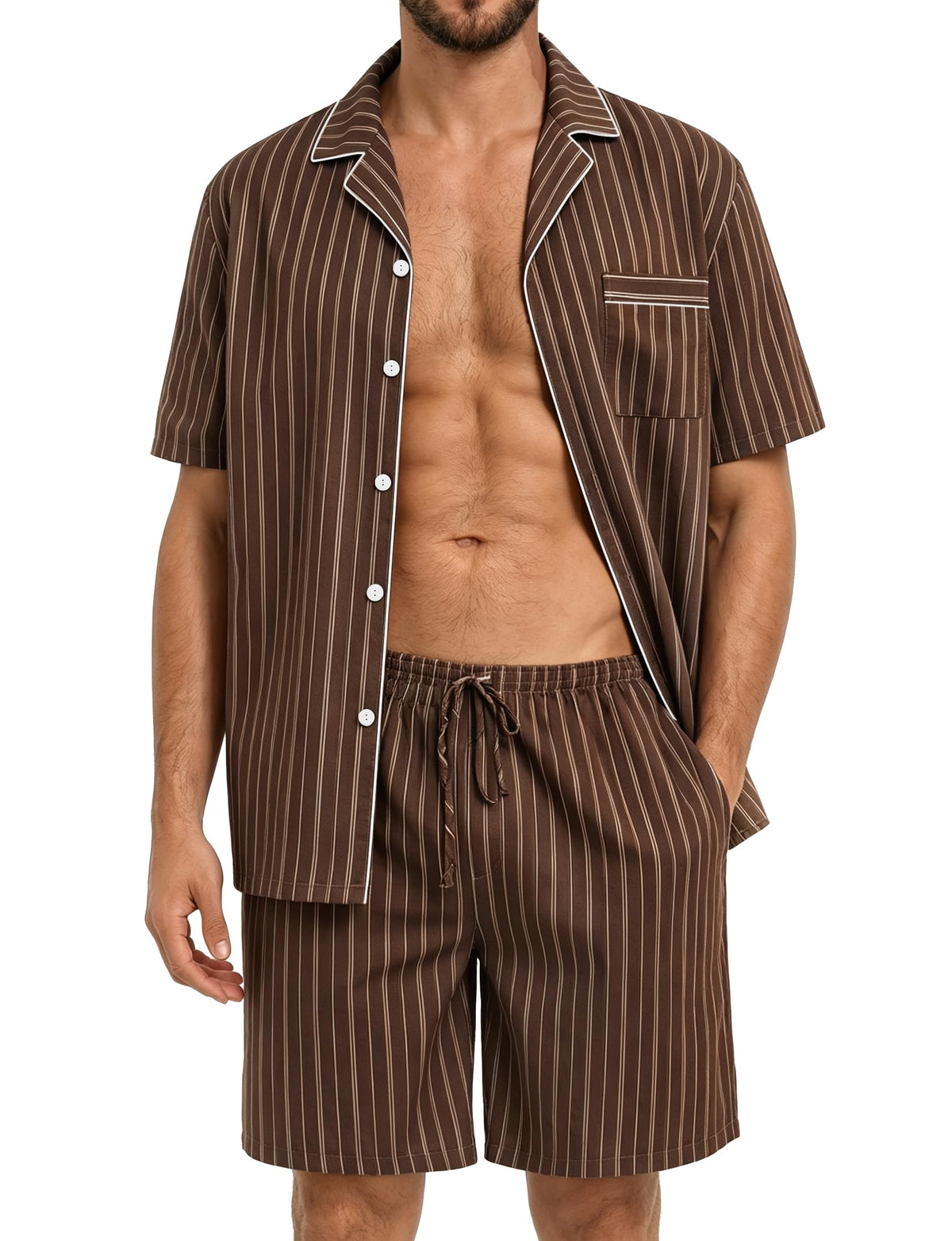 SWOMOG Mens 100% Cotton Pajama Set 2Pcs Button Down Pjs Set Short Sleeve Sleepwear with Pocket Soft Summer Stripe Nightwear