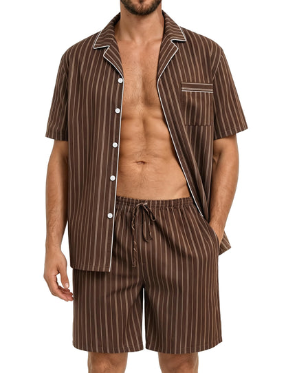 SWOMOG Mens 100% Cotton Pajama Set 2Pcs Button Down Pjs Set Short Sleeve Sleepwear with Pocket Soft Summer Stripe Nightwear
