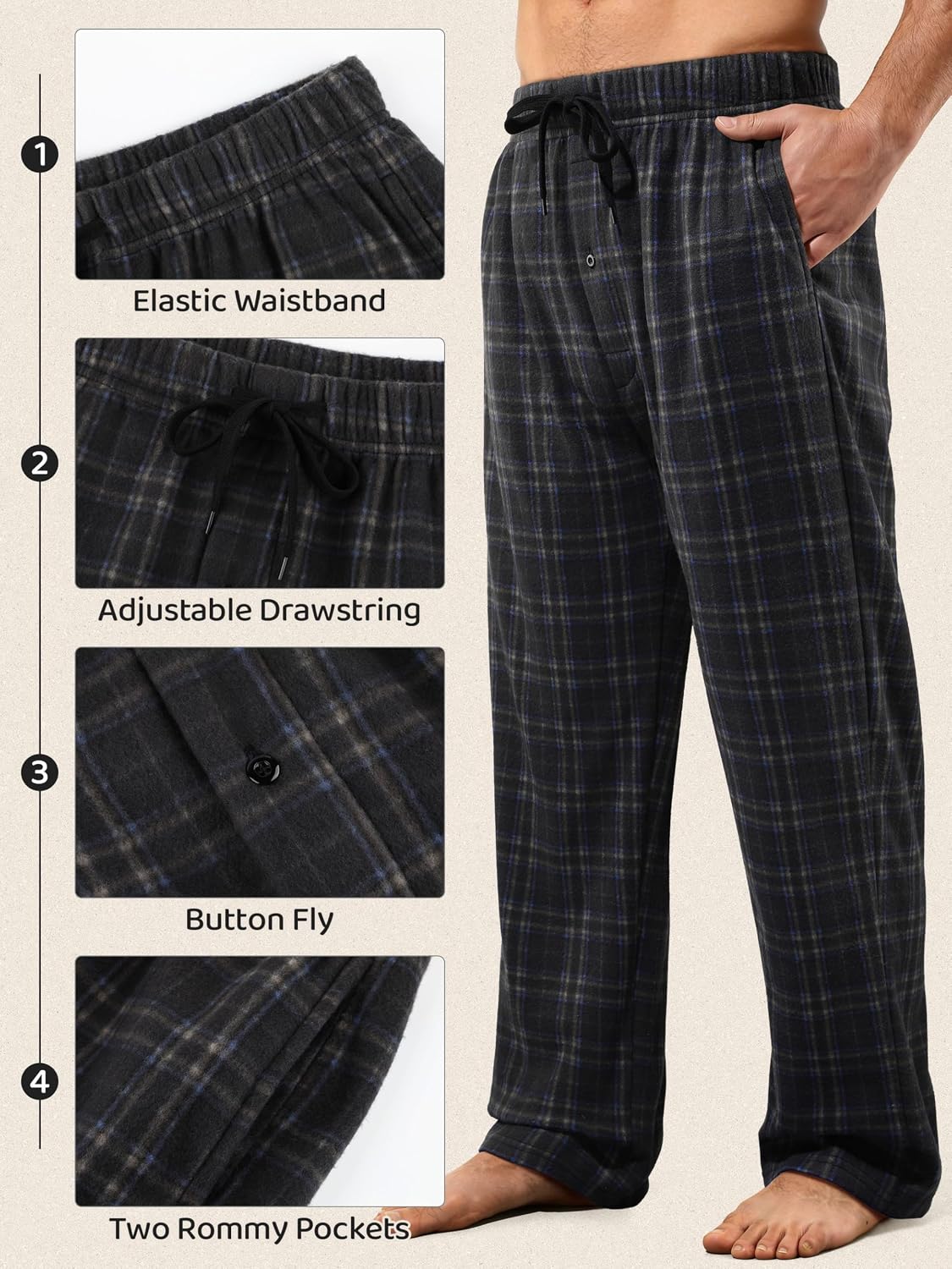 3 Pack Mens Pajama Pants Microfleece Plaid Sleep Lounge PJ Bottoms