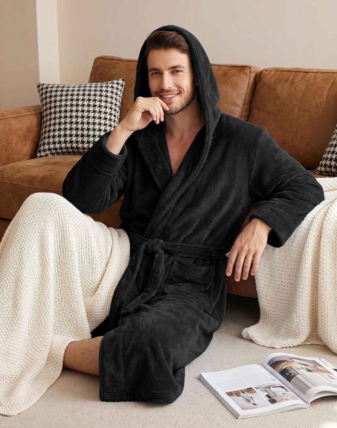 PrinStory Mens Hooded Robe Plush Fleece Robes Soft Long Bathrobe