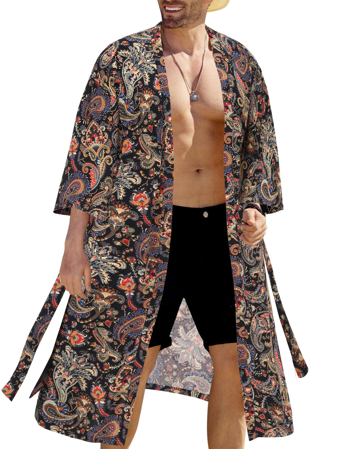 COOFANDY Men's Lightweight Kimono Robe Japanese Bathrobes Open Front Long Cardigan Cloak with Belt