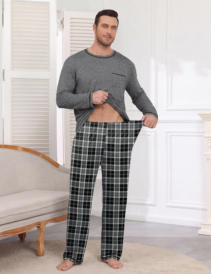 Ekouaer Mens Long Sleeve T-Shirt Pajama Set Soft 2 Piece Lounge Set