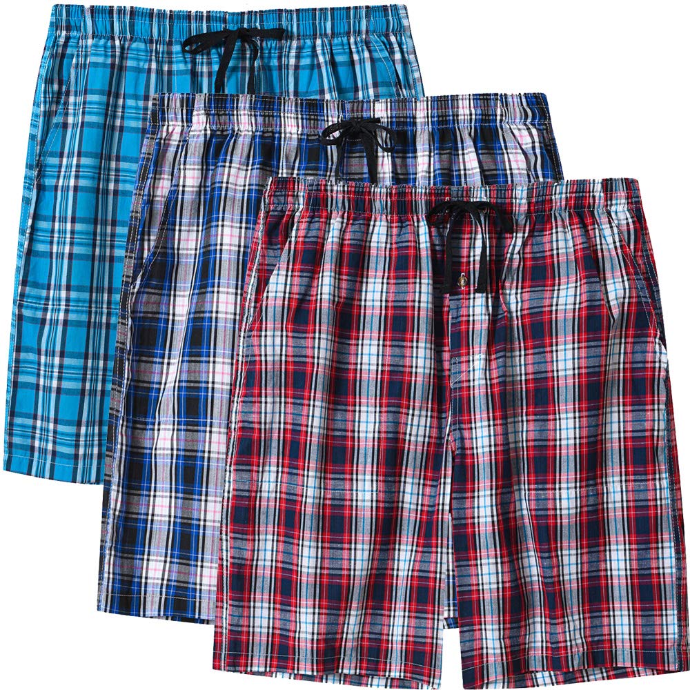 MoFiz 3pack Mens Pajama Short Bottom Sleep Lounge Cotton Plaid