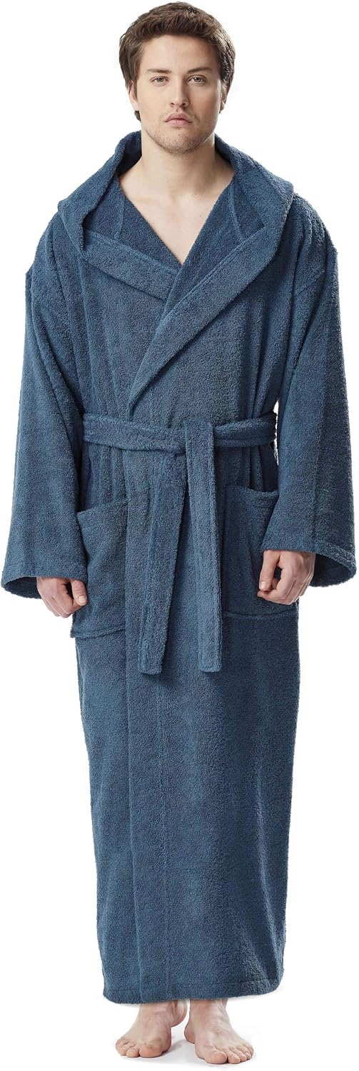 Arus Men's Hooded Classic Bathrobe Turkish Cotton Robe with Full Length Options