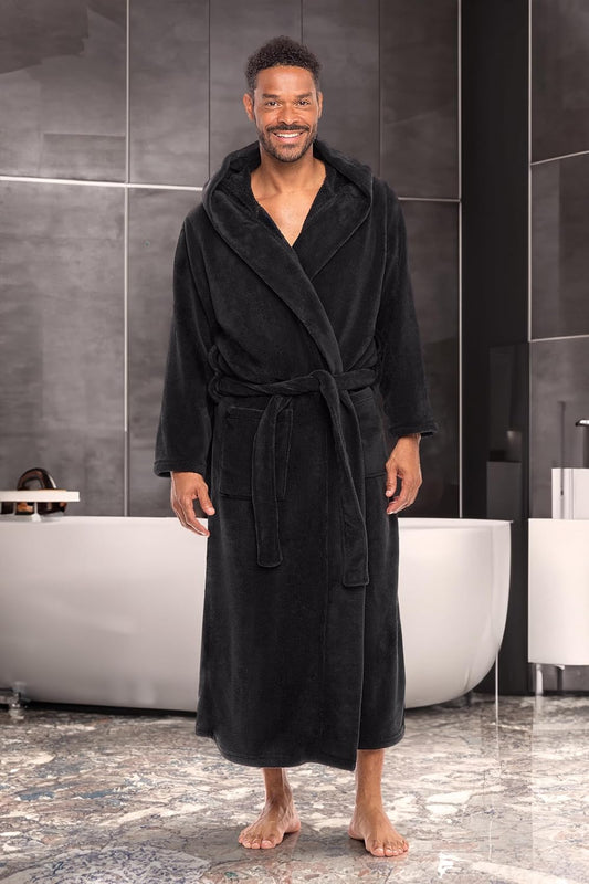 Men's Plush Fleece Hooded Robe with Pockets, Long Bathrobe