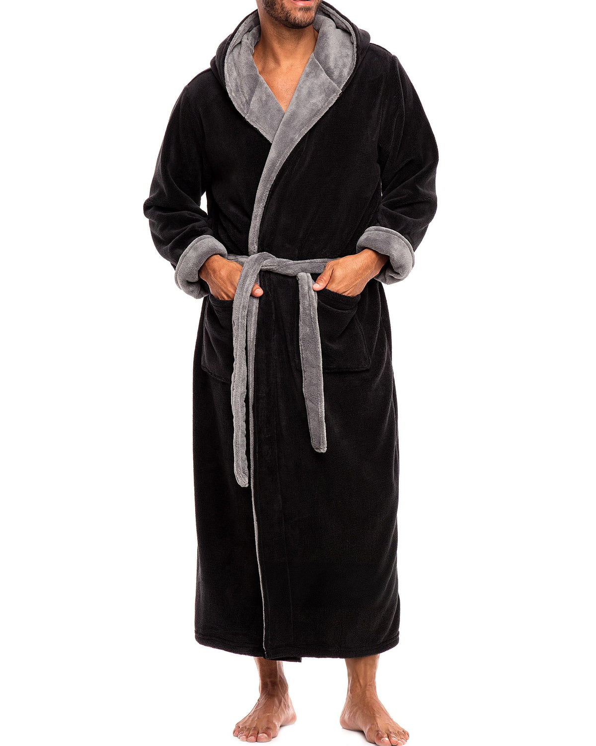 Men's Plush Fleece Hooded Robe with Pockets, Long Bathrobe