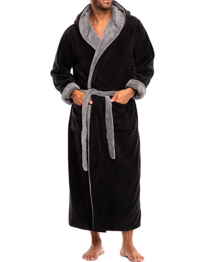 Men's Plush Fleece Hooded Robe with Pockets, Long Bathrobe