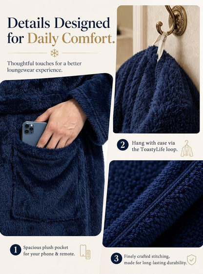 ToastyLife Mens Soft Plush Fleece Long Robe, Hooded Bathrobe with Pockets