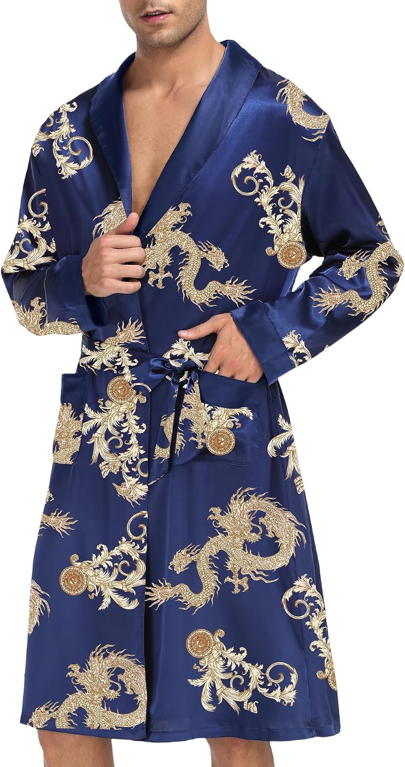 SWOMOG Men's Satin Robe with Shorts Set Silky Kimono Bathrobe Lightweight Soft Sleepwear