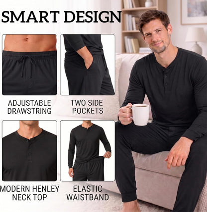 #followme Men's 2-Piece Ultra Soft Pajama Set, Long Sleeve Henley & Joggers