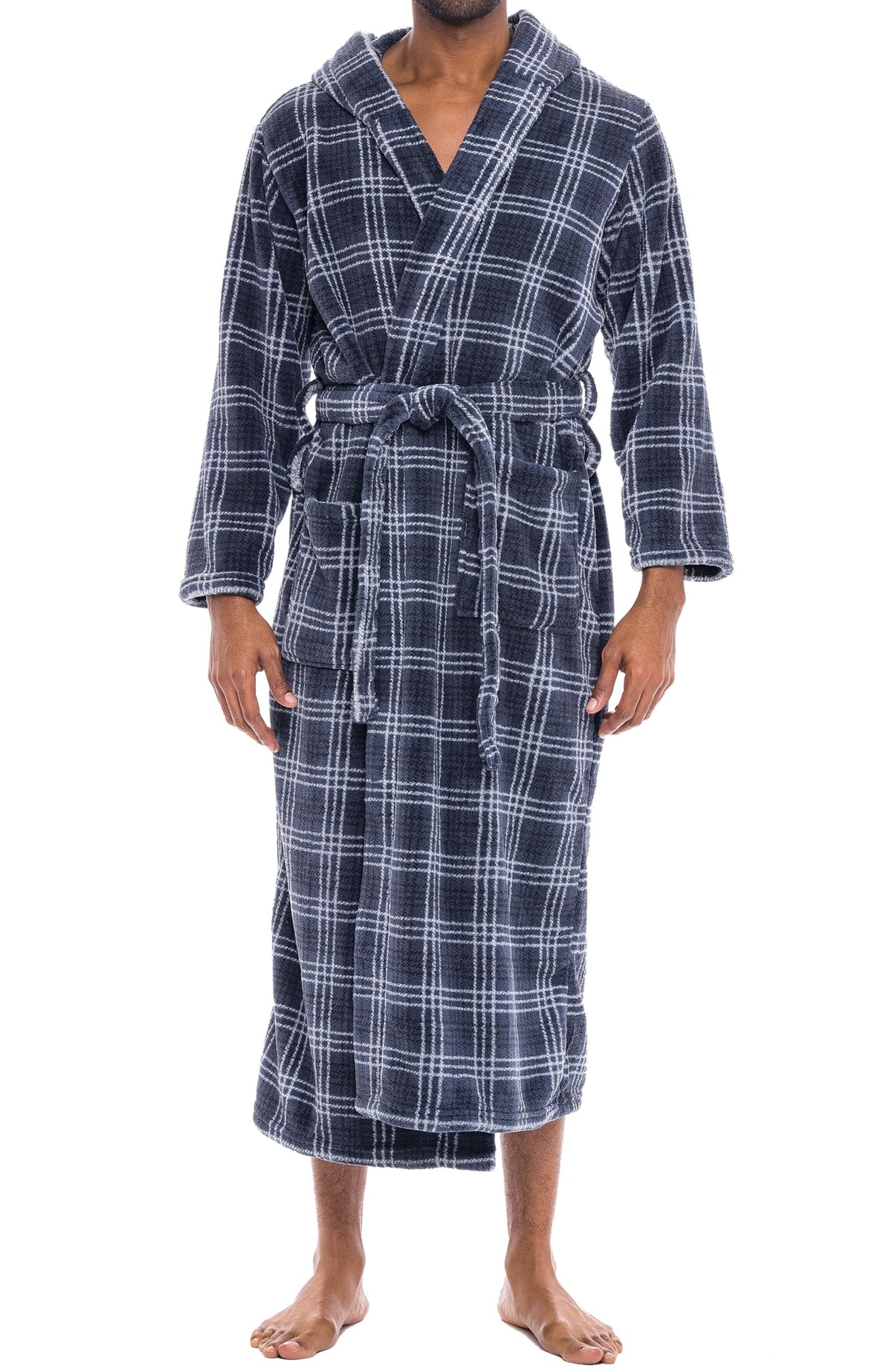 Men's Plush Fleece Hooded Robe with Pockets, Long Bathrobe