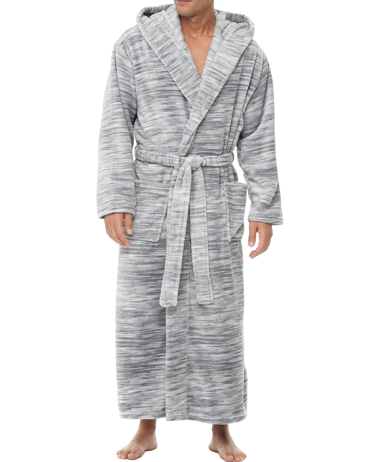 Men's Plush Fleece Hooded Robe with Pockets, Long Bathrobe