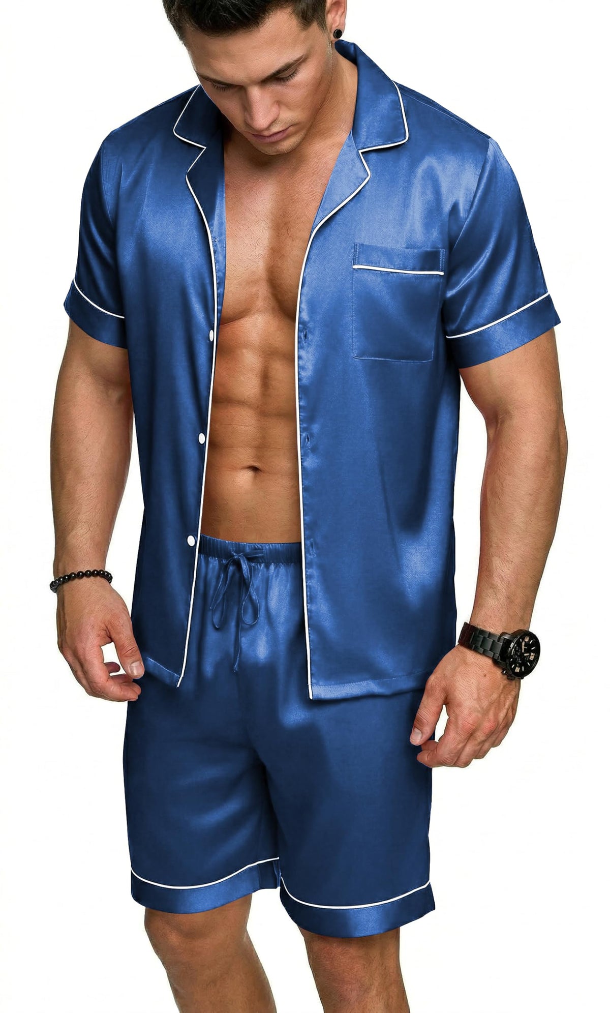 Ekouaer Mens Silk Satin Pajamas Set Short Sleeve Button Up Lounge Pjs Set