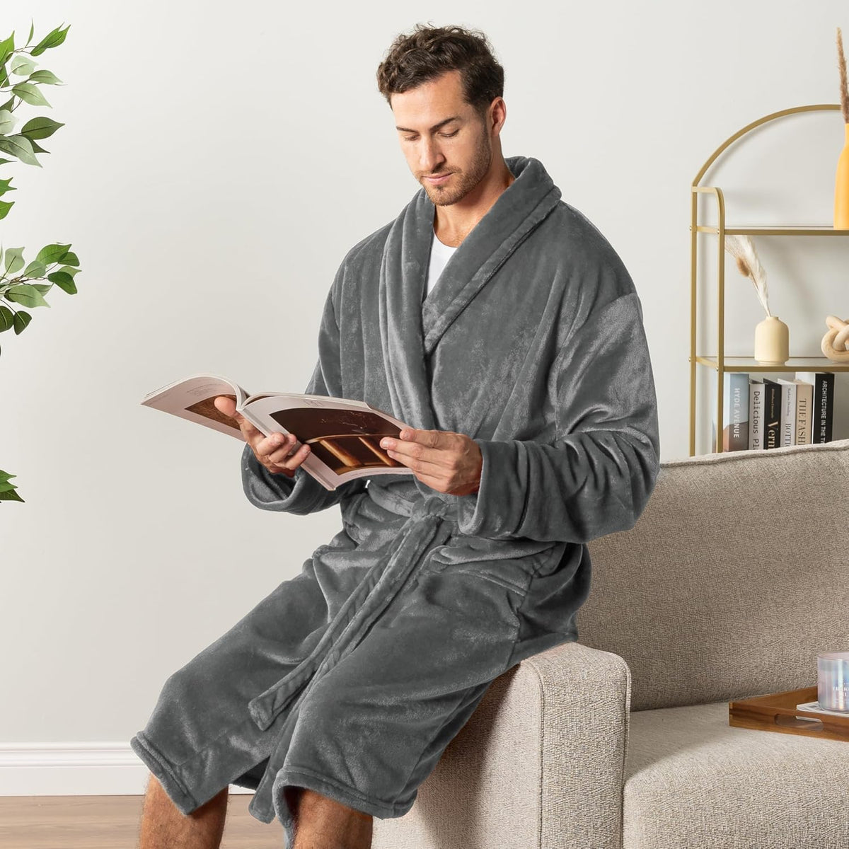 PAVILIA Soft Robe, Plush Warm Bathrobe for Men, Long Spa Bath Robe with Piping