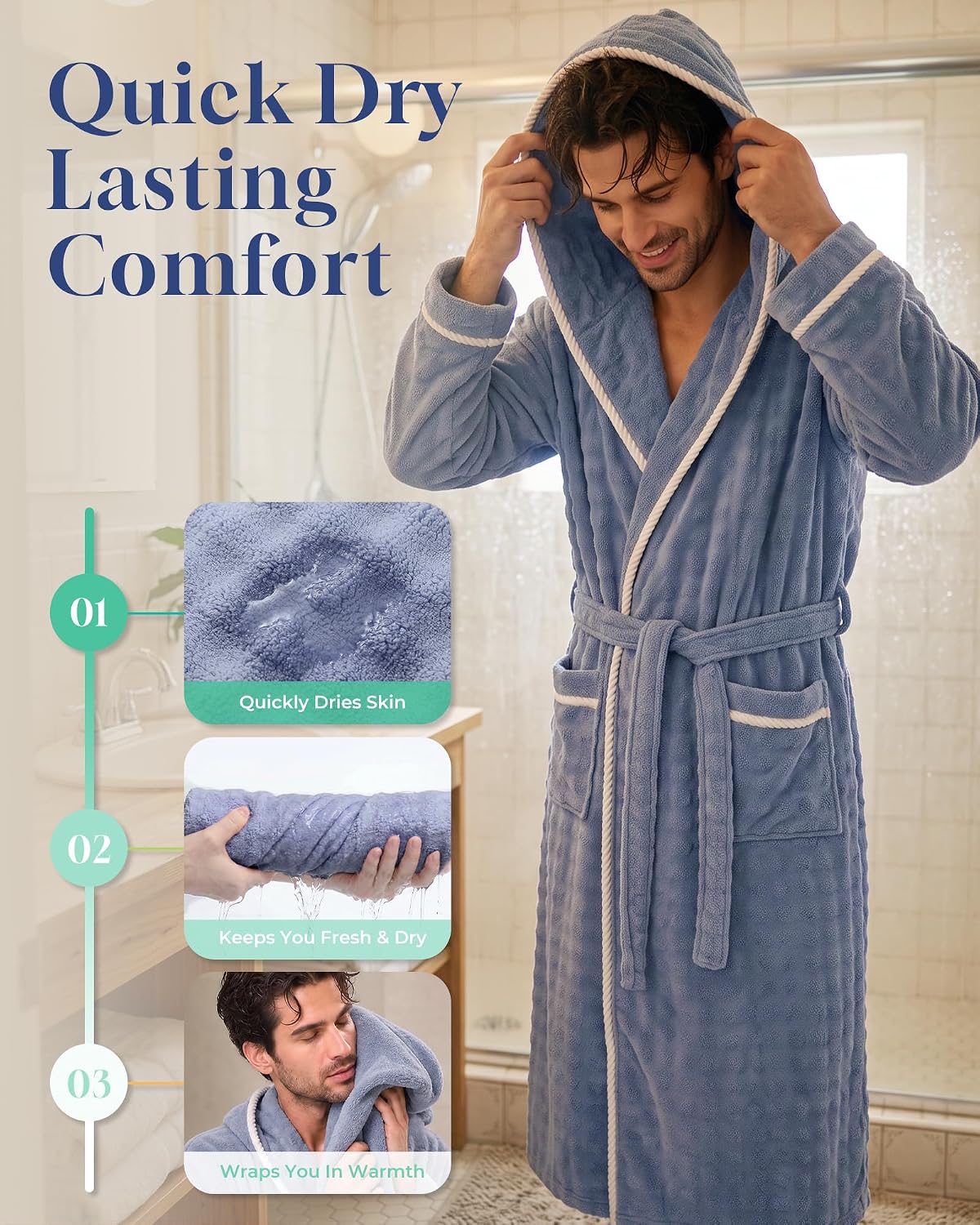 U2SKIIN Mens Robe Quick Dry Fleece Hooded Bathrobe for Men Spa Robe