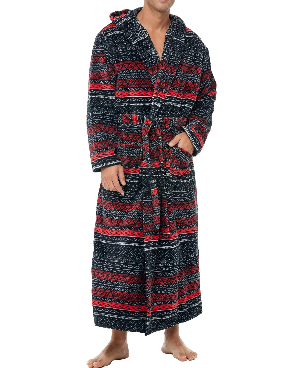 Men's Plush Fleece Hooded Robe with Pockets, Long Bathrobe
