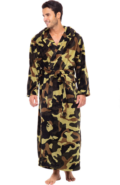 Men's Plush Fleece Hooded Robe with Pockets, Long Bathrobe