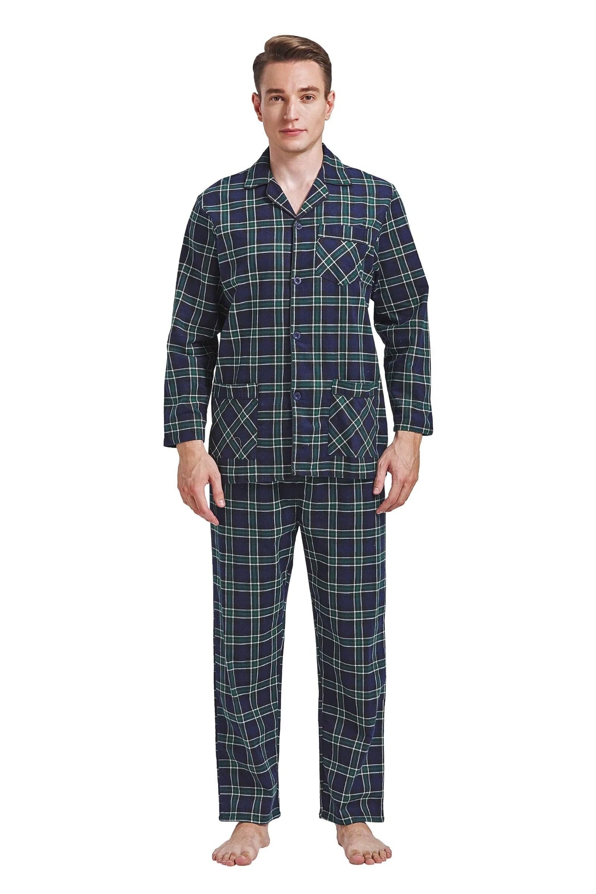 GLOBAL Men's Pajamas Sets 100% Cotton Flannel Sleepwear Long-Sleeve top & Bottom