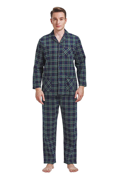GLOBAL Men's Pajamas Sets 100% Cotton Flannel Sleepwear Long-Sleeve top & Bottom