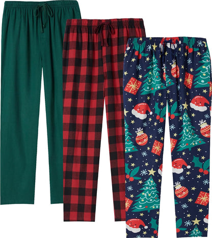 JupiterSecret Mens Pajama Pants Set Flannel Cotton Sleep & Lounge Pants 3 Pack, PJ Bottoms with Pockets and Button Fly