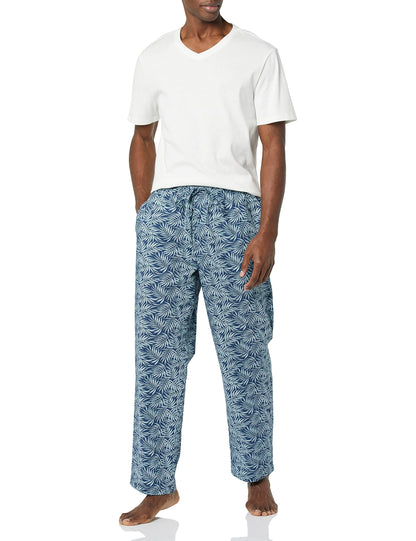 Amazon Essentials Men's Cotton Stretch Poplin Pant with Cotton Jersey T-Shirt Pajama Set