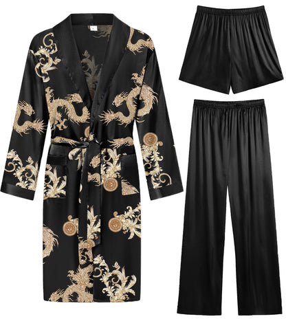 SWOMOG Men's 3 Pcs Robe Silk Satin Kimono Bathrobe with Shorts&Pants Set Lightweight Soft Sleepwear