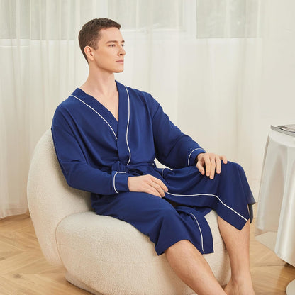 Mens Lightweight Robe, Knit Kimono Bathrobe Spa Sleepwear Soft Knee Length Robe With Pockets