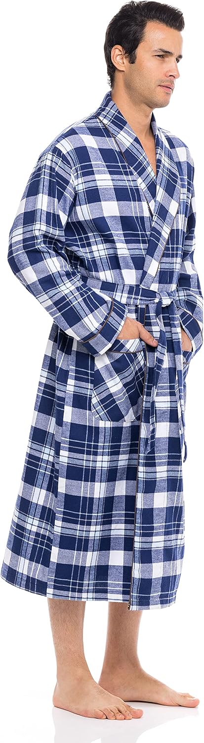 AMERICAN HEAVEN Men's Flannel Fleece Robe | Soft Cotton Shawl Collar Full Length Plaid Robe