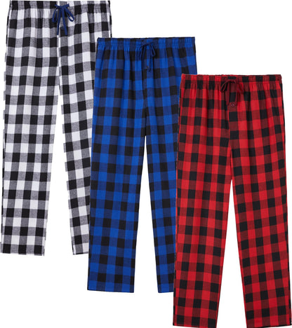 JupiterSecret Mens Pajama Pants Set Flannel Cotton Sleep & Lounge Pants 3 Pack, PJ Bottoms with Pockets and Button Fly
