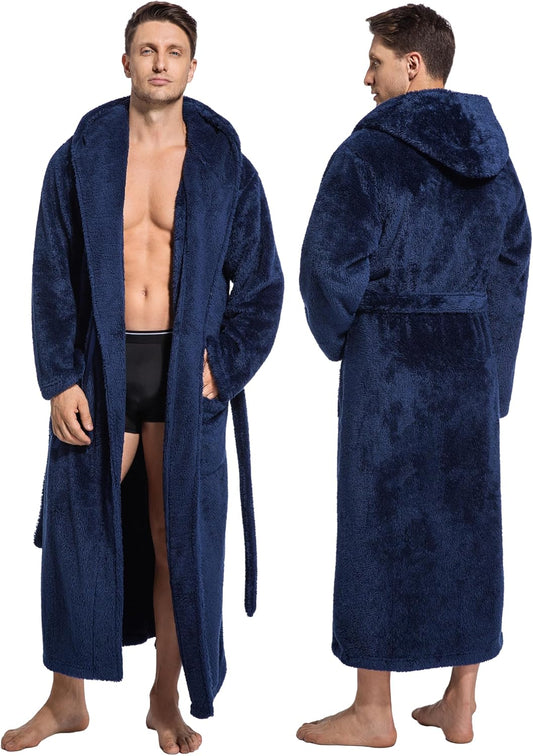 ToastyLife Mens Soft Plush Fleece Long Robe, Hooded Bathrobe with Pockets