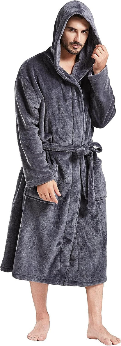 FashGudim Mens Hooded Robe Plush Shawl Collar Kimono Bathrobe Soft Warm Flannel Fleece Spa Robes House Coat Pajamas