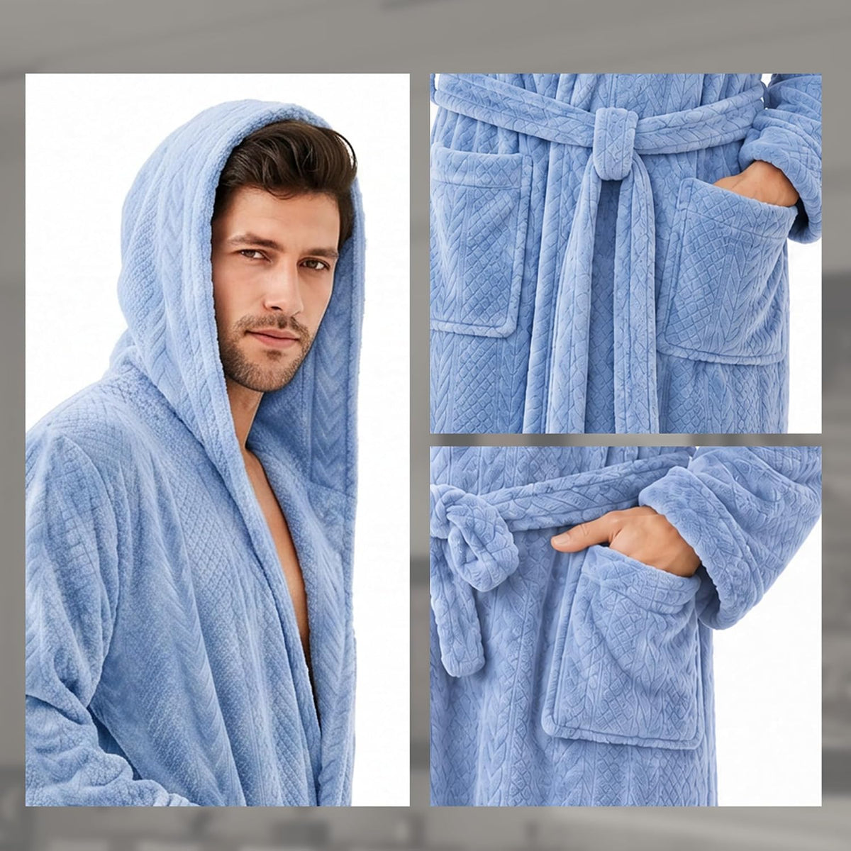 Mens Hooded Plush Robe, Ultra Soft Bathrobe for Men, Warm Cozy Fleece Robe with Pockets