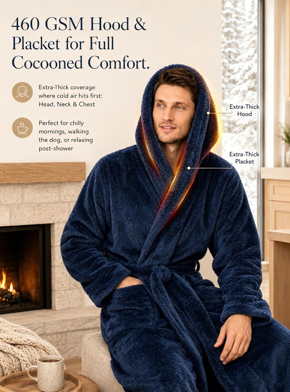 ToastyLife Mens Soft Plush Fleece Long Robe, Hooded Bathrobe with Pockets