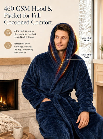 ToastyLife Mens Soft Plush Fleece Long Robe, Hooded Bathrobe with Pockets