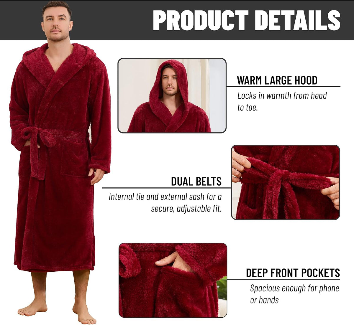 Mens Fleece Hooded Robe, Plush Robes Cozy for Men, Soft Warm Bathrobe Shower Spa Long Robe With Pockets