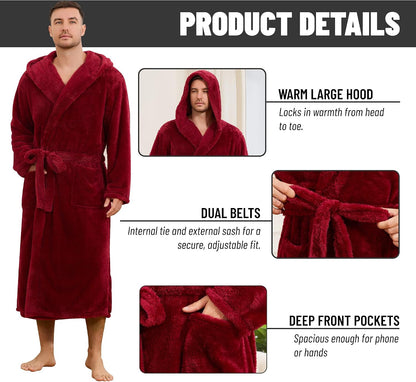 Mens Fleece Hooded Robe, Plush Robes Cozy for Men, Soft Warm Bathrobe Shower Spa Long Robe With Pockets