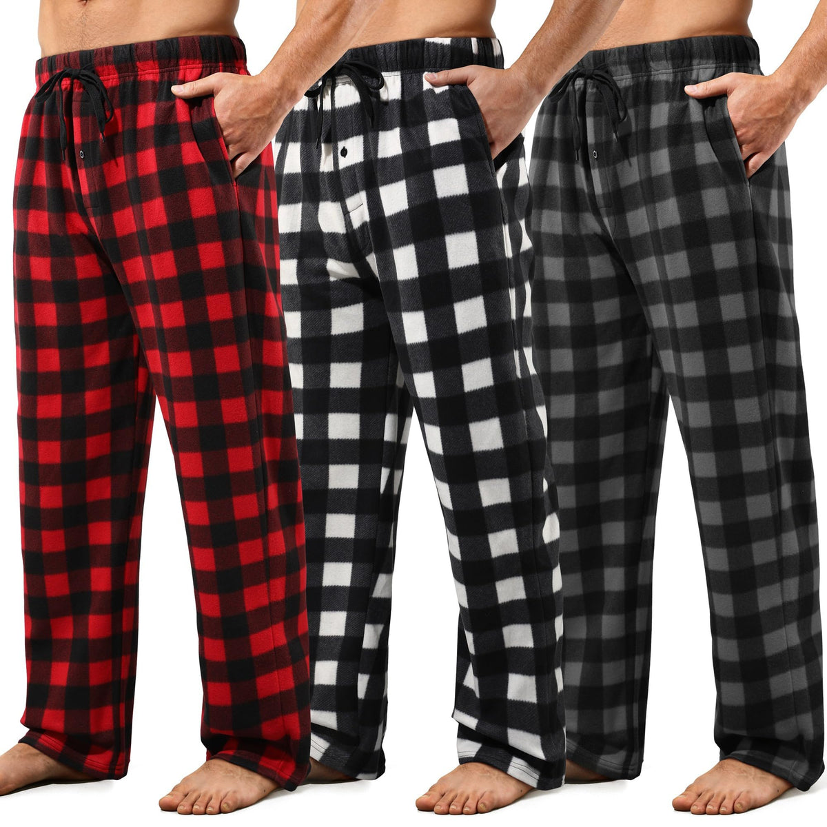 3 Pack Mens Pajama Pants Microfleece Plaid Sleep Lounge PJ Bottoms