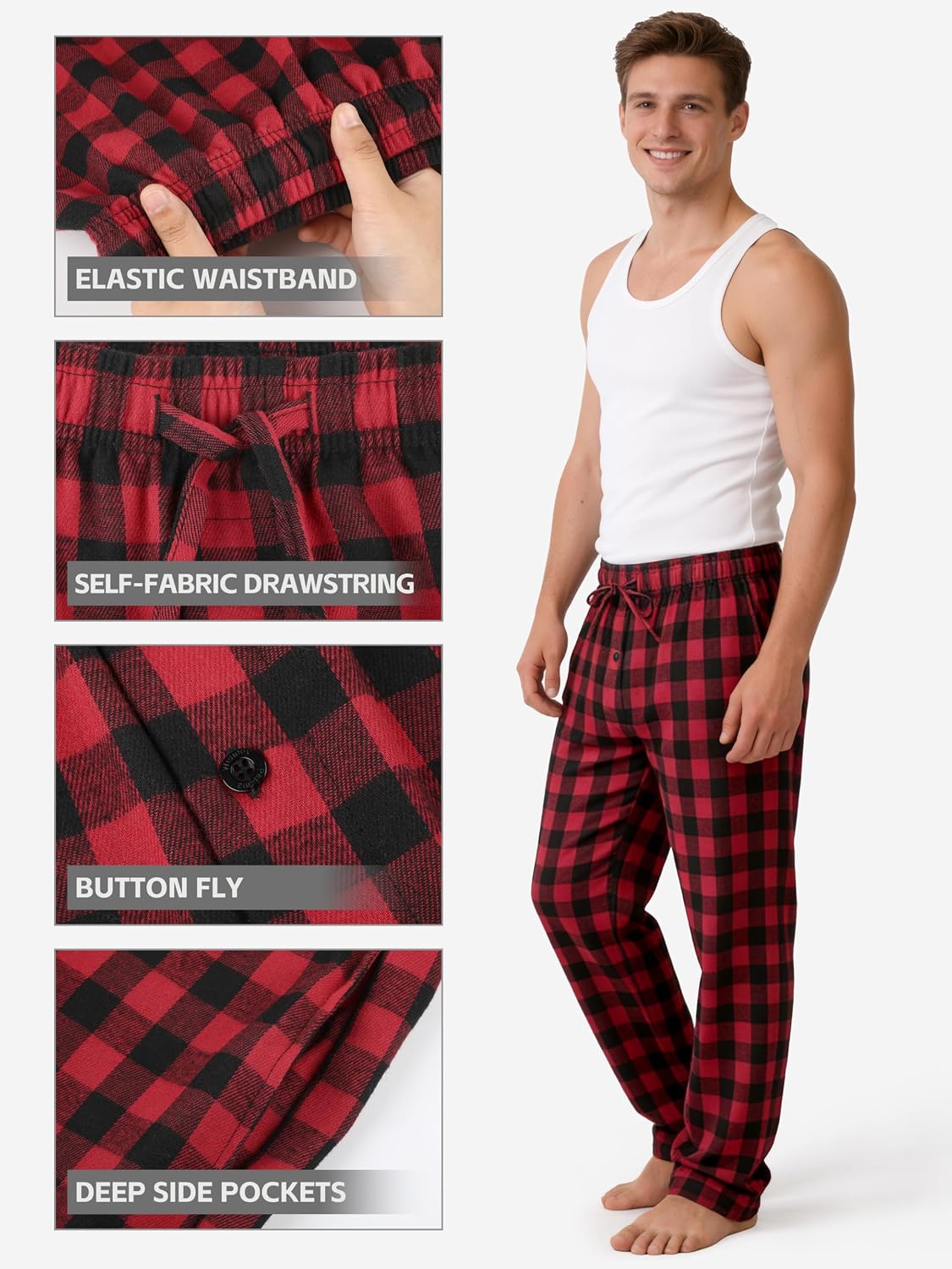 3 Pack Mens Pajama Pants Cotton Woven Plaid Sleep Lounge PJ Bottoms