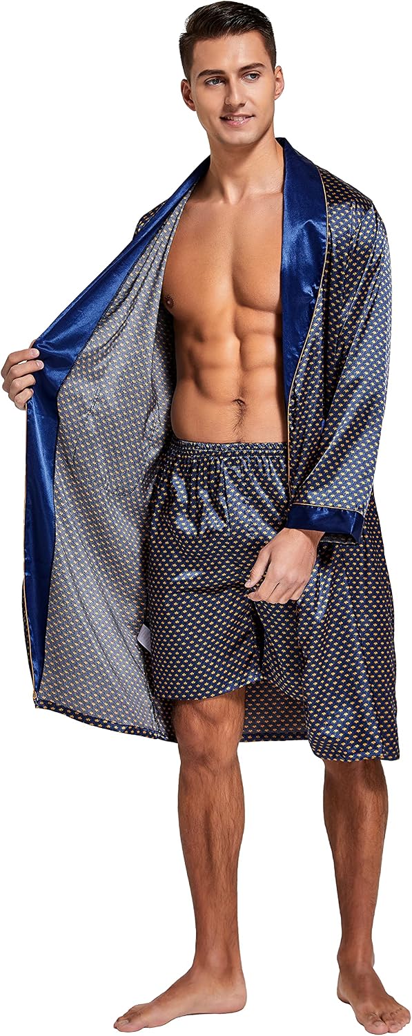 Mens Satin Robe Long Sleeve Silk Kimono Bathrobe with Shorts Set Sleepwear