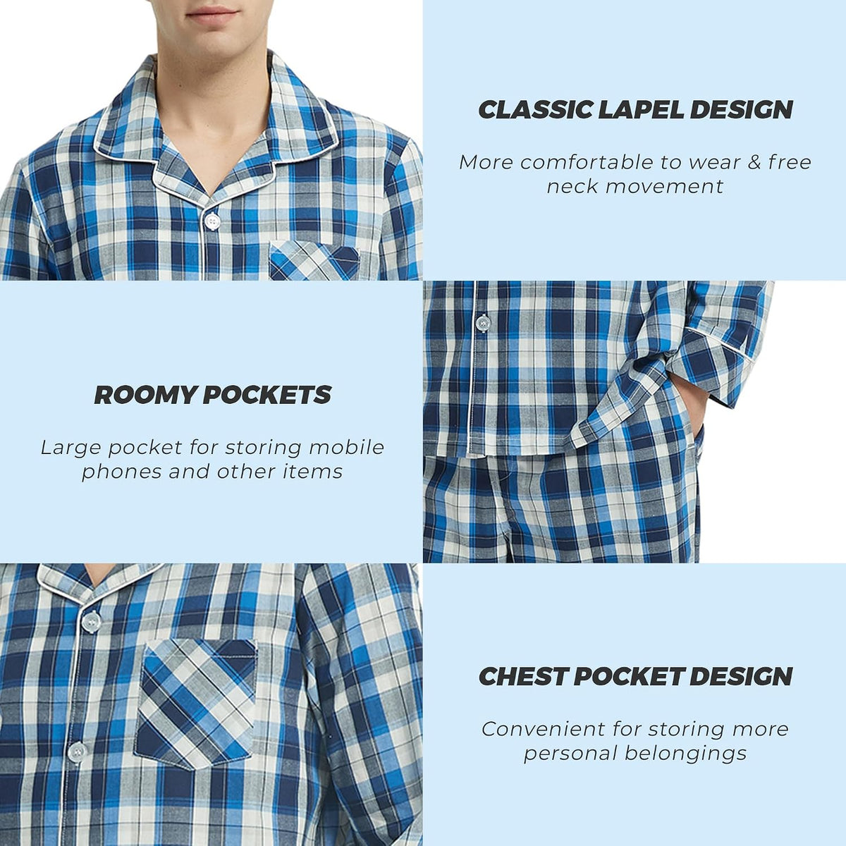 Vulcanodon Mens Cotton Pajama Set, Plaid Button Down Woven Sleepwear