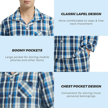 Vulcanodon Mens Cotton Pajama Set, Plaid Button Down Woven Sleepwear