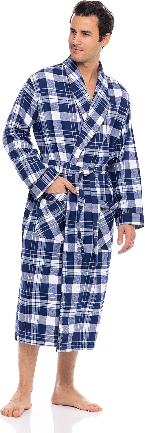 AMERICAN HEAVEN Men's Flannel Fleece Robe | Soft Cotton Shawl Collar Full Length Plaid Robe