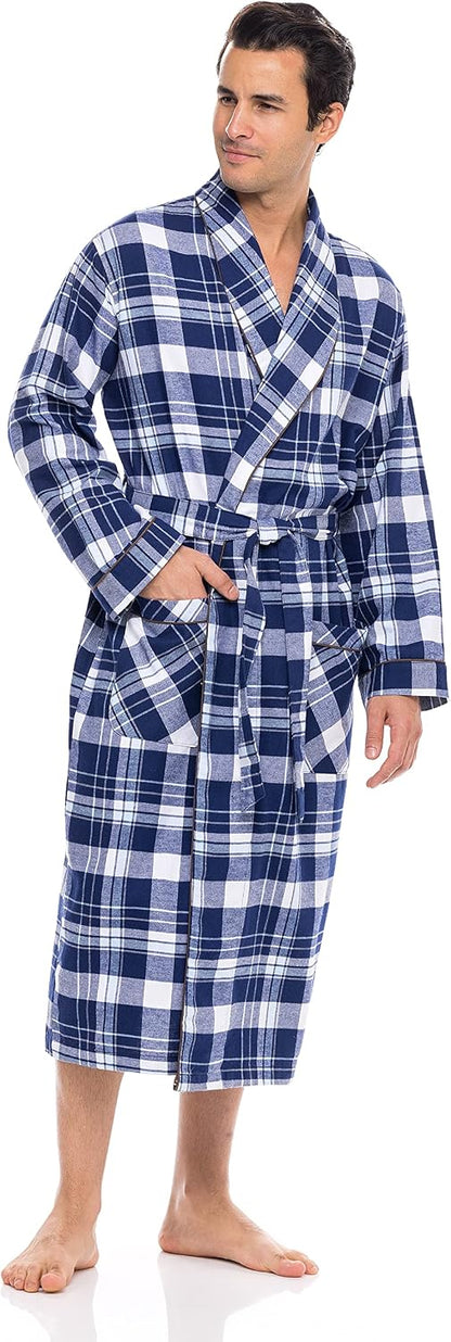AMERICAN HEAVEN Men's Flannel Fleece Robe | Soft Cotton Shawl Collar Full Length Plaid Robe
