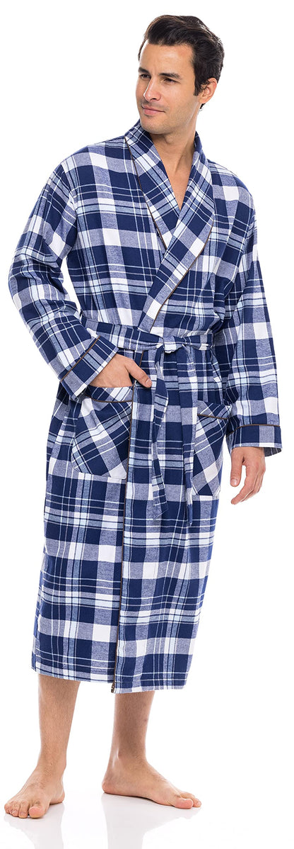 AMERICAN HEAVEN Men's Flannel Fleece Robe | Soft Cotton Shawl Collar Full Length Plaid Robe