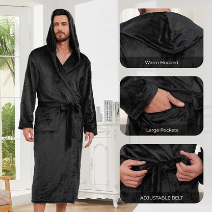 Men's Hooded Robe, Soft Warm Fleece Long Bathrobe with Pockets