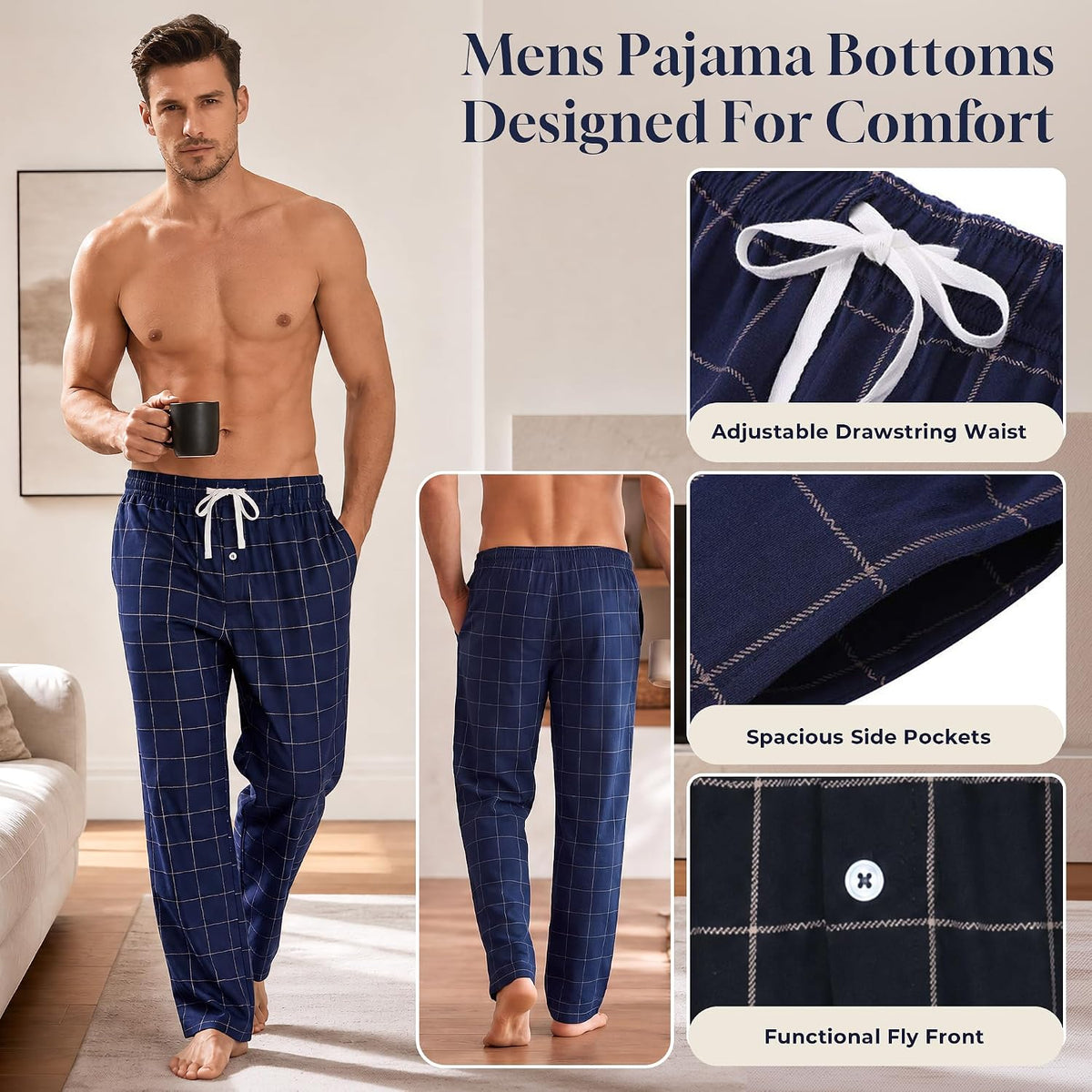 Vulcanodon Men's 100% Cotton Pajama Pants 2Pack, Plaid Sleep Pants