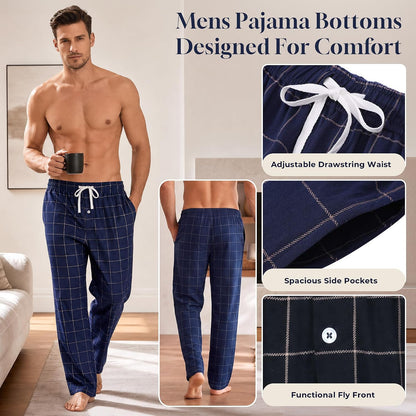 Vulcanodon Men's 100% Cotton Pajama Pants 2Pack, Plaid Sleep Pants