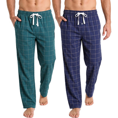 Vulcanodon Men's 100% Cotton Pajama Pants 2Pack, Plaid Sleep Pants